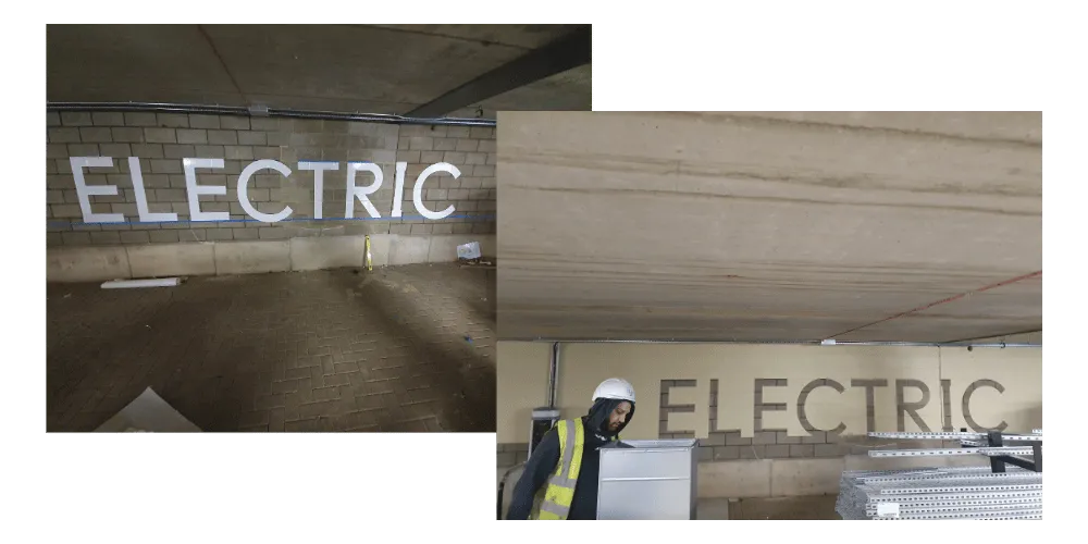 Two photos showing the word electric on the wall of car park, before and after painting --- exterior house painting, commercial, tilers near me, eastcote paint and hardware