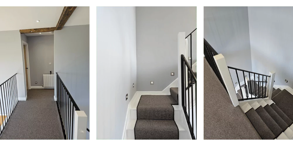 Three images of the same hallway and stairs with grey walls, dark grey carpet runner, white woodwork and black metal banister --- exterior house painting, tilers near me, kitchen cabinet painting, bathroom tile replacement