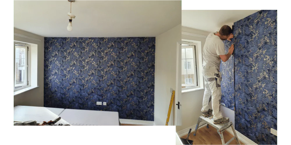 Two photos of same wall with blue and silver wallpaper, one shows it complete, one shows Frazer putting the last piece up stood on ladders --- exterior house painting, painting and decorating eastcote, painting and decorating iver, painting and decorating near me, painting and decorating radlett