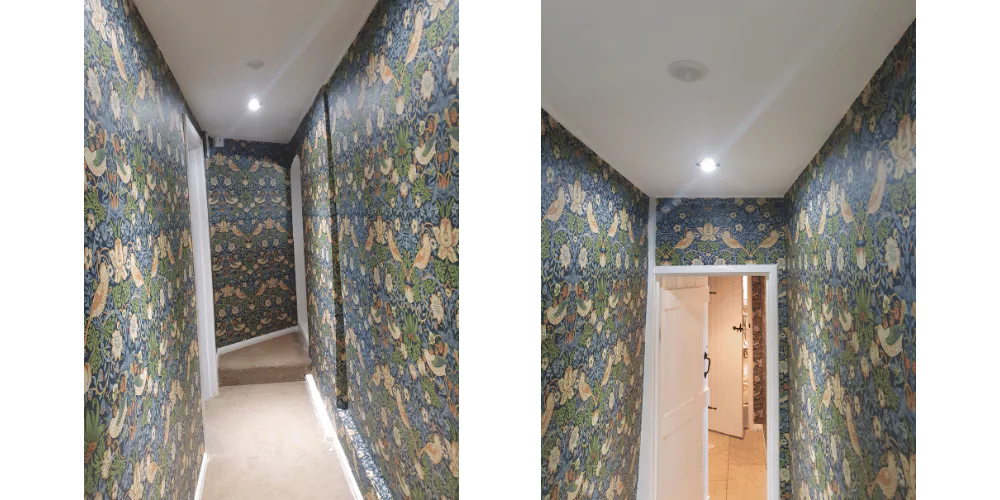 Two photos of the same hallway, different angles, showing blue and green floral wallpaper --- painting and decorating services, plasterers near me plastering contractors, re grouting tiles, spacers in ruislip