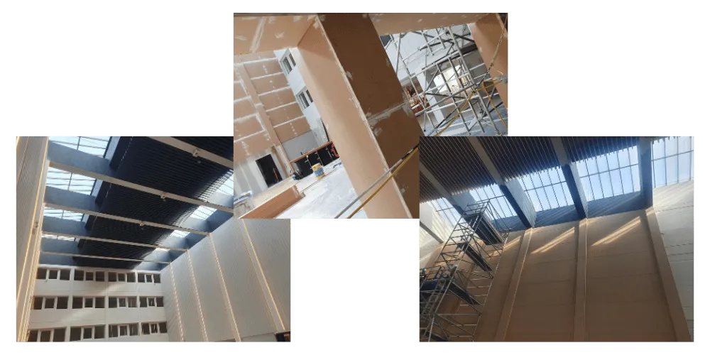 three photos showing a large commercial space, with scaffolding up and then fully painted in white with black ceiling --- exterior house painting, house painter and decorator, interior designer, joined near me