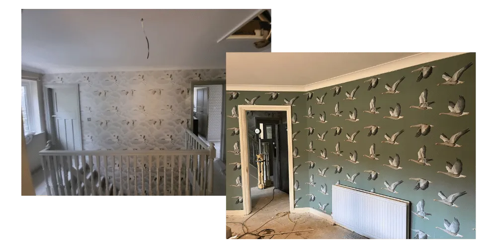 Two photos showing wallpaper work, one has flying geese and one has flying cranes --- exterior house painting, plasterers near me, plastering contractors, re grouting tiles