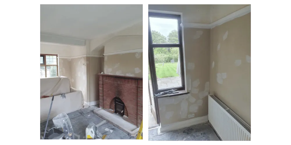 Two photo's showing walls with plaster patch up - plasterers near me, plastering contractors, spacers in ruislip, spray painters near me