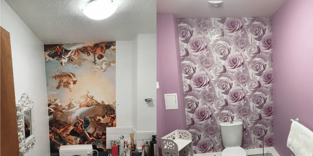 Two bathrooms, showing the wall behind the toilet with mural wallpapers - one is pink roses and one is greek mythology style --- tile cutting service near me, tile installation, kitchen cabinet painting, exterior house painting