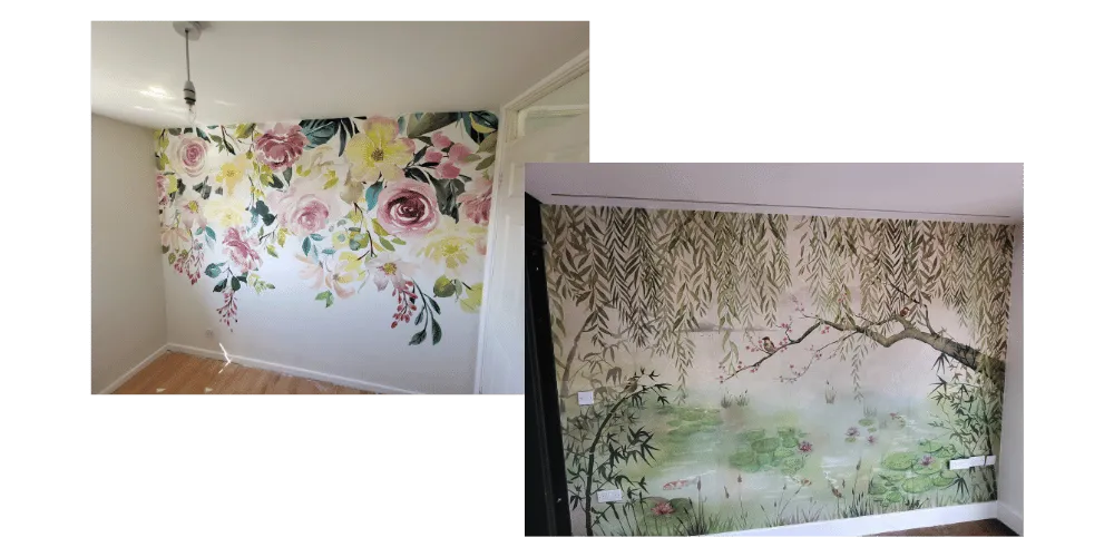 Two photos showing wallpaper work, one is a mural of pink flowers and one is a lily pond with trees --- commercial painters and decorators, decorating contractors, eastcote paint and hardware