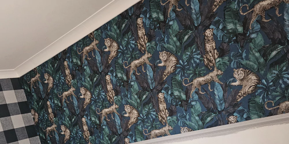 Wallpaper mural of tigers and tropical leaves --- exterior house painting, interior designer, joiner near me, painter & decorator, painter and decorator near me