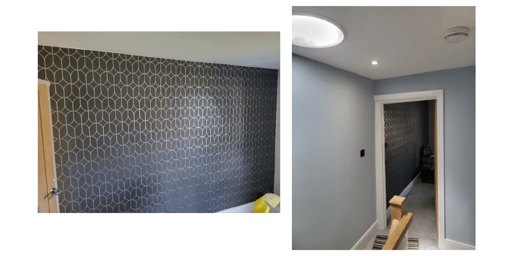 Two photos, one shows navy and silver wallpaper, the other shows that wall from the hallway outside, with grey paint --- painting and decorating companies near me, painting and decorating contractors, painting and decorating eastcote