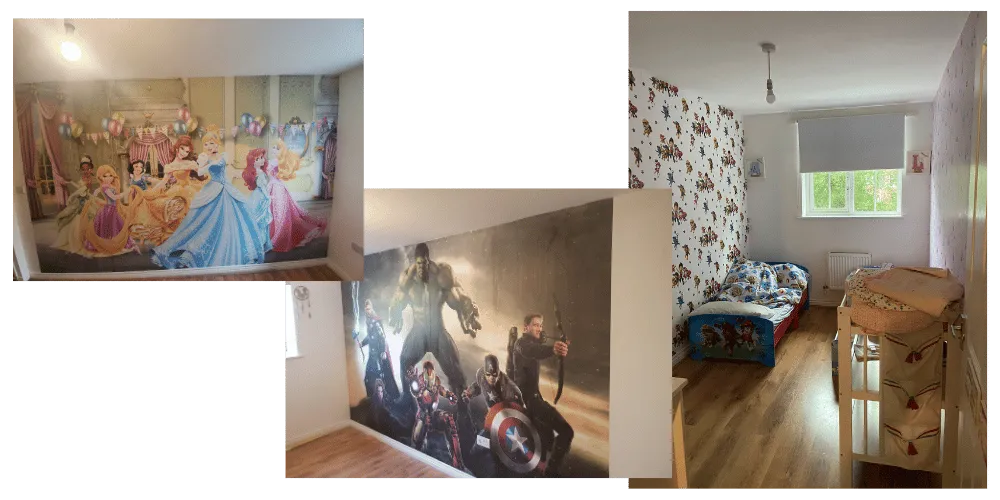 Three photos showing wallpaper murals - one is disney princess, one is avengers and one is childrens cartoons --- painting and decorating iver, painting and decorating near me, painting and decorating radlett, painting and decorating ruislip